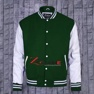 Męska kurtka Varsity, ręcznie robiona, bomberka Letterman, wełna leśnozielona, rękawy białe skórzane