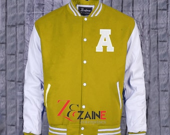 Men's Varsity  A Patch Jacket Handmade Letterman Bomber Yellow Wool & White Leather Sleeves
