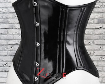 Womens Underbust Vinyl Shiny Black PVC Double Steel Boned Corset