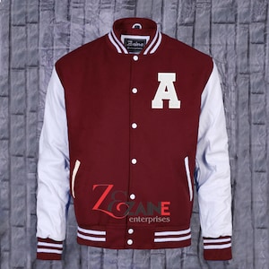 Men&#39;s Varsity A Patch Jacket Handmade Letterman Bomber Maroon Wool & White Leather Sleeves