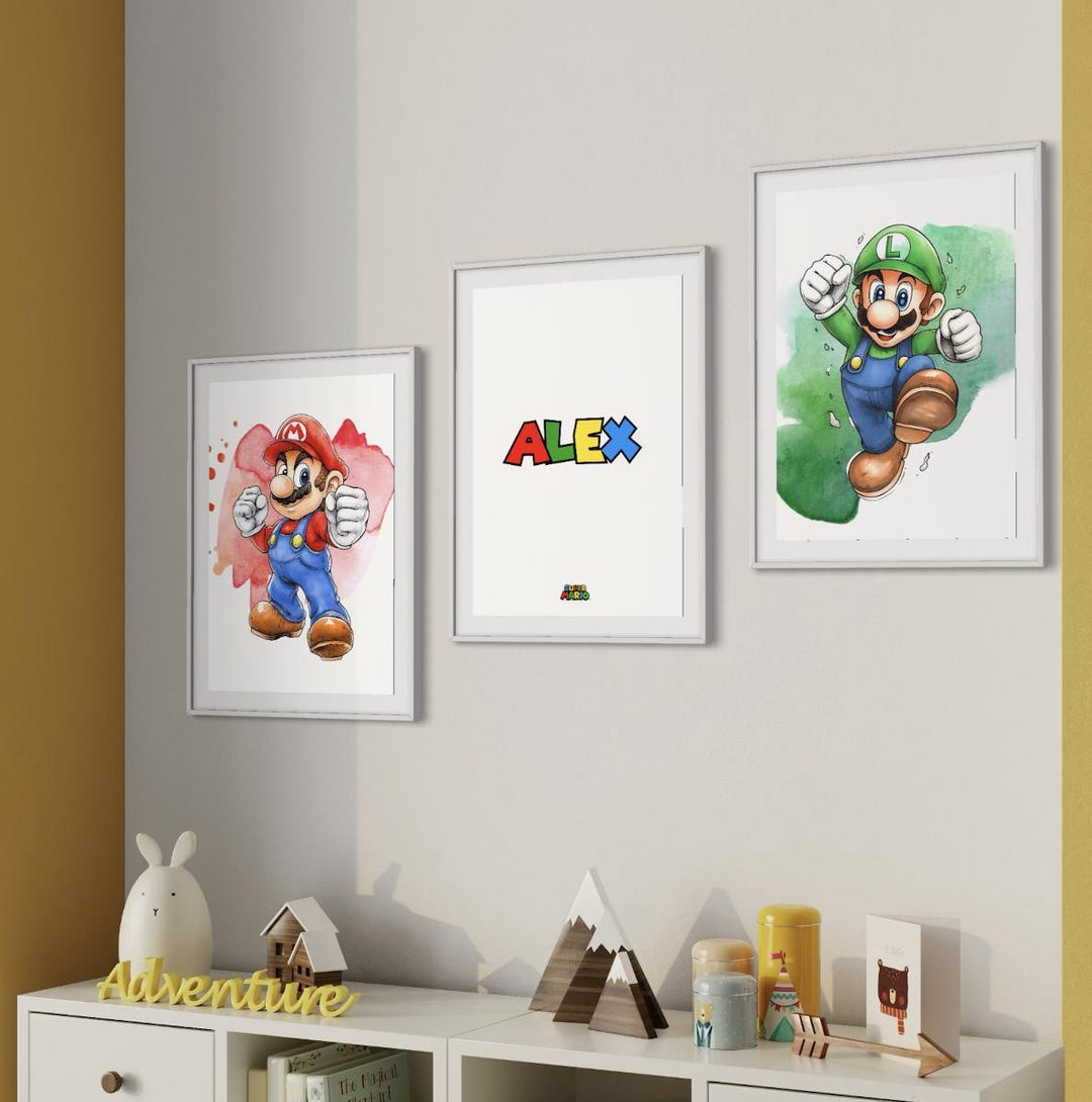 Personalized Mario Wall Art for Kids Room Custom Mario Name Set of 3 ...