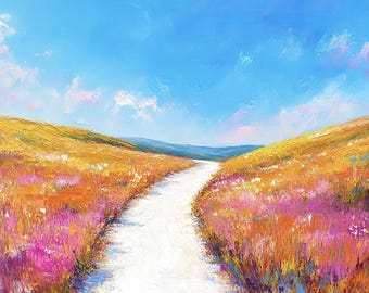 Impression d'art paysage impressionniste : champ et ciel colorés (téléchargement numérique)