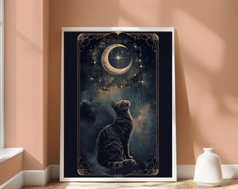 Väggkonst med svart katts tarotkort – Häxkatttryck, mystisk heminredning, tarotkonsttryck, bohemisk kattväggdekor, present till kattälskare