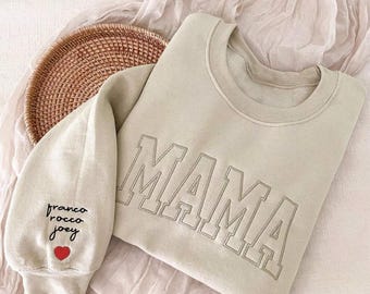 Mama Mother’s Day Trendy Embroidered Sweater Child's Kid's Name on Sleeve Hoodies and T-Shirts Gift for Mam Mum Mom Jumper Memories