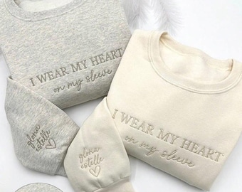 I Wear My Heart on My Sleeve Mother’s Day Embroidered Sweater Child's Name on Sleeve Hoodies T-Shirts Gift for Mam Mum Mom Jumper Memories