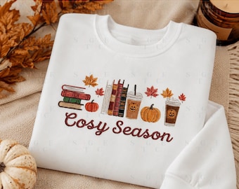 Cosy Season Embroidered Sweatshirt Autumn Crewneck Pumpkin Coffee Books Sweatshirt Fall Jumper Book Lover Gift
