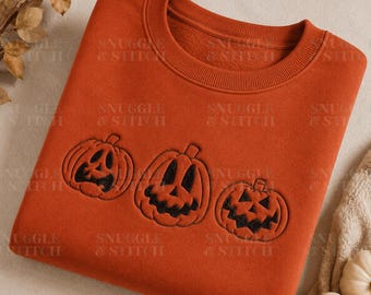 Halloween Pumpkin Embroidered Sweatshirt, Jack O Lantern Crewneck Autumn Sweatshirt Fall Embroidery Jumper Cosy Halloween Clothing