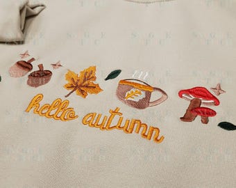 Hello Autumn Embroidered Sweatshirt, Fall Aesthetic Crewneck, Cosy Autumn Jumper, Pumpkin Season Sweatshirt, Autumn Clothing