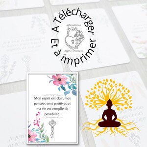 Könnte beinhalten: Weiße Affirmationskarten mit floralen und Schlüsselillustrationen. Eine Karte zeigt den französischen Text: "Mon esprit est clair, mes pensées sont positives et ma vie est remplie de possibilité." Das Bild enthält auch den Text "A télécharger et à imprimer."