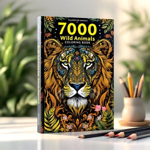 May include: A coloring book cover featuring a detailed illustration of a lion's face with intricate patterns and vibrant colors. The title "7000 Wild Animals Coloring Book" is displayed in yellow text on a black background.