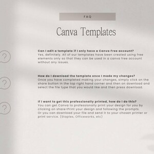 Puede incluir: Gr&aacute;fico beige claro con el texto "FAQ" y "Canva Templates". El texto responde preguntas sobre la edici&oacute;n y descarga de plantillas, y opciones de impresi&oacute;n. Iconos de signo de interrogaci&oacute;n a la izquierda.