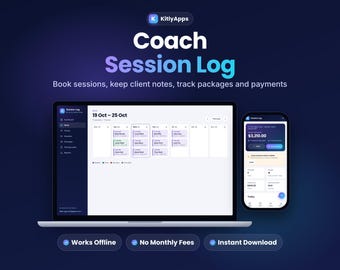 Coach Session Log App, Client Notes Tracker, Coaching Session Planner, Booking & Package Tracker, Counselor Business Tool, Offline