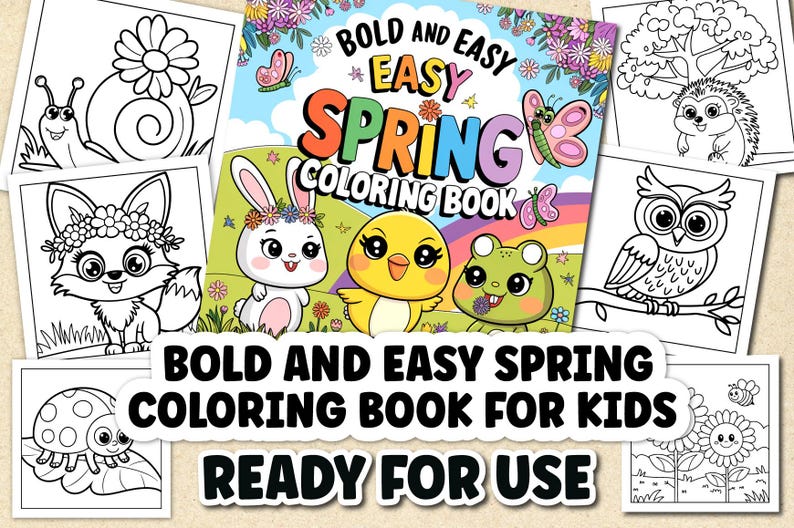Puede incluir: Un "Libro para colorear de primavera f&aacute;cil y audaz" para ni&ntilde;os, con una portada colorida con animales de dibujos animados y el texto "Listo para usar". La imagen incluye varias p&aacute;ginas para colorear en blanco y negro.