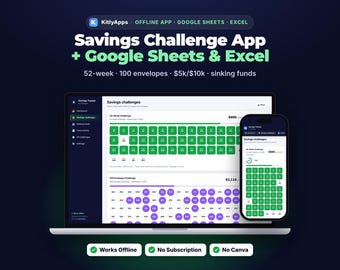 Savings Challenge App Works Offline + Google Sheets & Excel, Sinking Funds Tracker, 100 Envelope, 52 Week, 10k Savings Challenge
