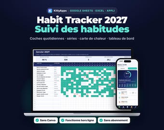 Habit Tracker 2027 Suivi des Habitudes Google Sheets & Excel, Sans Canva, Tracker d'Habitudes Appli Hors Ligne, Planner Digital 2027