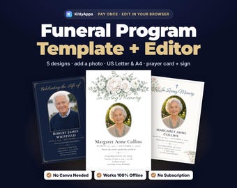 Vorlage für ein Trauerprogramm, kein Canva erforderlich, bearbeitbares Trauerprogramm mit Foto und Gebetskarte, offline nutzbar, Nachruf, Gedenktafel