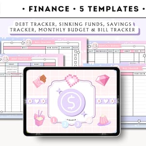 Puede incluir: Cinco plantillas de seguimiento financiero imprimibles en un esquema de color rosa pastel y azul. Las plantillas incluyen un seguimiento de deudas, fondos de reserva, seguimiento de ahorros, presupuesto mensual y seguimiento de facturas.