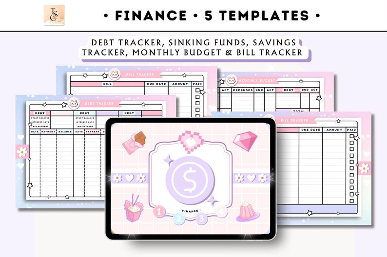 Puede incluir: Cinco plantillas de seguimiento financiero imprimibles en un esquema de color rosa pastel y azul. Las plantillas incluyen un seguimiento de deudas, fondos de reserva, seguimiento de ahorros, presupuesto mensual y seguimiento de facturas.