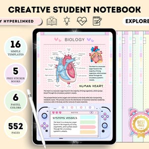 Puede incluir: Un cuaderno digital con un esquema de color rosa, azul y amarillo. El cuaderno presenta un diagrama del corazón humano y una sección de notas con el texto "Sistemas Vasculares". El cuaderno tiene 552 páginas, 16 plantillas simples, 5 libros de pegatinas gratis y 6 colores pastel.