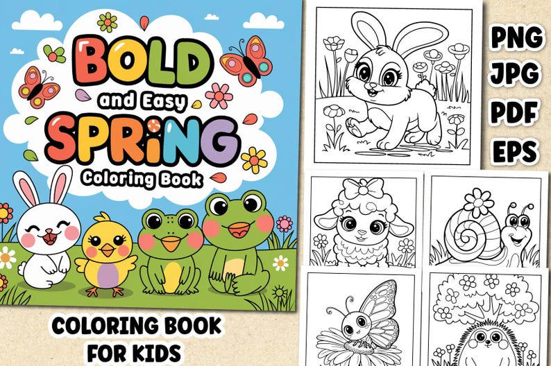 Puede incluir: Un libro para colorear con tem&aacute;tica de primavera para ni&ntilde;os. La portada presenta el texto "BOLD and Easy SPRING Coloring Book" con letras coloridas y dibujos animados de un conejito, un pollito y ranas. Se incluyen p&aacute;ginas para colorear adicionales.