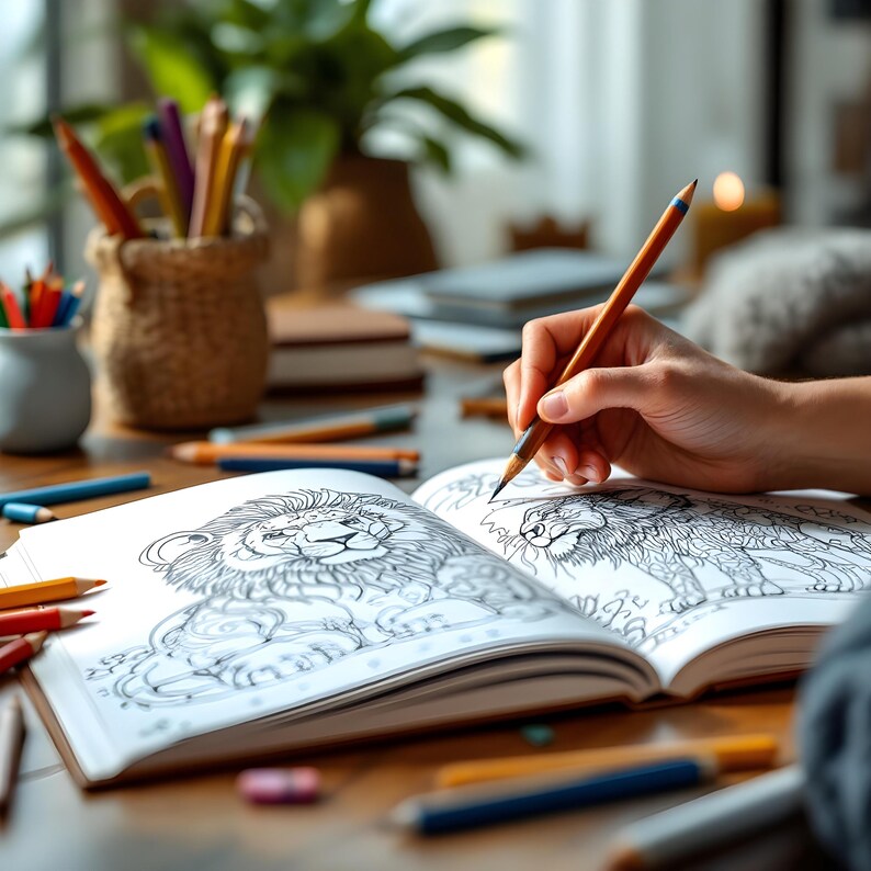 May include: A person coloring in a coloring book with a pencil. The book features a detailed illustration of a lion's head. The book is open to a page with a lion's head on the left and a lion's body on the right.