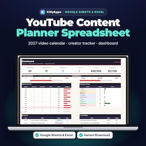 May include: A laptop screen displaying a YouTube Content Planner Spreadsheet for Google Sheets and Excel. The dashboard features a 2027 video calendar, creator tracker, and data metrics including video counts, subscriber totals, and revenue figures.