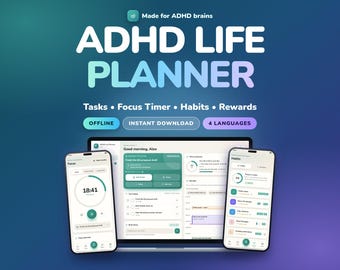 ADHD Planner Digital Download | Offline Life Planner App, Focus Timer, Habit Tracker, Task Planner, Dopamine Menu