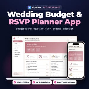 May include: A digital interface for a Wedding Budget & RSVP Planner App displayed on a laptop and smartphone. The screen shows a dashboard with budget tracking, guest list RSVP, seating charts, and checklists for Ava & Noah.