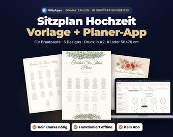 Sitzplan Hochzeit Vorlage Editierbar, Kein Canva nötig, Sitzplan Planer App & Gästeliste Offline, Tischnummern, Platzkarten, A2 A1