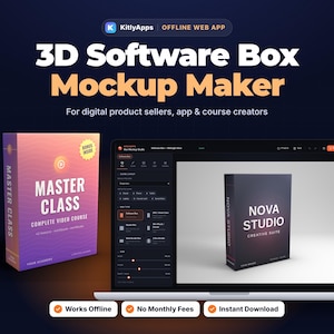 May include: A 3D software box mockup maker tool displayed on a laptop screen, featuring a gradient purple and orange software box labeled Master Class Complete Video Course and a dark gray box labeled Nova Studio Creative Suite.