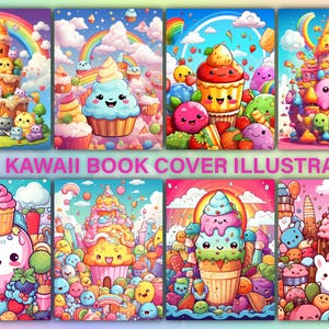 Op de afbeelding: Een set van zes kleurrijke boekomslagen met schattige kawaii-illustraties van cartoonfiguren, snoepjes en regenbogen. De omslagen zijn perfect voor kinderboeken, dagboeken of notitieboekjes.