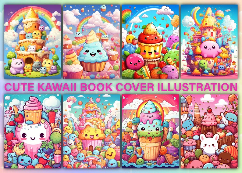 Op de afbeelding: Een set van zes kleurrijke boekomslagen met schattige kawaii-illustraties van cartoonfiguren, snoepjes en regenbogen. De omslagen zijn perfect voor kinderboeken, dagboeken of notitieboekjes.