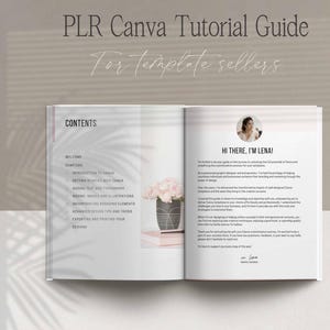 Puede incluir: Un libro abierto con el t&iacute;tulo "PLR Canva Tutorial Guide" y el subt&iacute;tulo "For template sellers". Se ve el contenido del libro, incluyendo "Contents" y "Hi there, I'm Lena!". Un jarr&oacute;n con flores est&aacute; sobre una pila de libros.