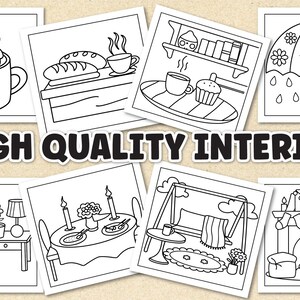 Puede incluir: Un conjunto de 10 p&aacute;ginas para colorear en blanco y negro que representan diferentes escenas de interior, incluyendo una sala de estar acogedora con chimenea, un dormitorio con una cama y una mesita de noche, una cocina con una mesa y sillas, y un ba&ntilde;o con una ba&ntilde;era y una ducha. Las p&aacute;ginas son perfectas para adultos y ni&ntilde;os que disfrutan coloreando.