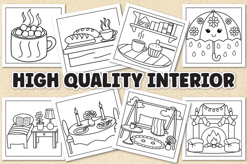 Puede incluir: Un conjunto de 10 p&aacute;ginas para colorear en blanco y negro que representan diferentes escenas de interior, incluyendo una sala de estar acogedora con chimenea, un dormitorio con una cama y una mesita de noche, una cocina con una mesa y sillas, y un ba&ntilde;o con una ba&ntilde;era y una ducha. Las p&aacute;ginas son perfectas para adultos y ni&ntilde;os que disfrutan coloreando.