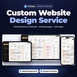 May include: A digital display showing a custom website design service by KitlyApps. The graphic features a tablet, a laptop, and a smartphone screen displaying an appointment scheduling interface with a dark blue background and white text.