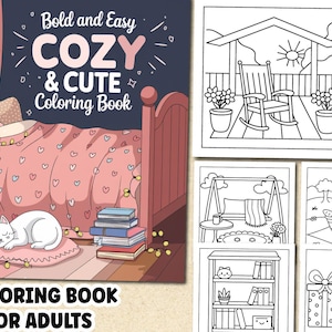 May include: A coloring book for adults with the title "Bold and Easy Cozy & Cute Coloring Book" and the text "Coloring Book for Adults". The cover features a pink bed with a white cat sleeping on a pillow, a stack of books, and a string of lights.