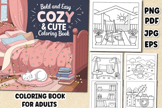 Bold & Easy Cozy And Cute Coloring Book | 95+ KDP-Ready Pages | Printable Digital Download