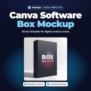 May include: A 3D software box mockup template featuring a dark gray rectangular box with the text BOX MOCKUP in white. The design includes the KitlyApps logo, the text Canva Software Box Mockup, and labels for Editable in Canva.