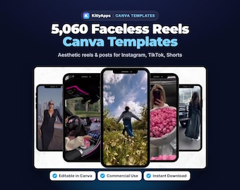 May include: A digital collection of 5,060 Faceless Reels Canva Templates for Instagram, TikTok, and Shorts. The graphic displays five smartphone screens showcasing various video clips, with text labels for editable, commercial use, and instant download.