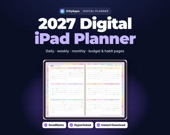 Digital planerare 2027, hyperlänkad iPad-planerare, GoodNotes Notability-planerare, daglig veckovis månadsplanerare, budget- och vanespårare