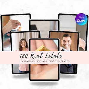 May include: A collection of 180 real estate Instagram social media templates. The templates are displayed on a white background with a pink banner that reads "180 Real Estate Instagram Social Meida Templates".