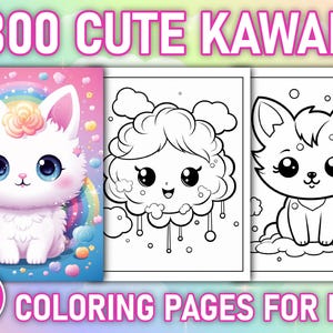 300+ pagine da colorare kawaii carine per bambini / KDP Interior & Download digitale stampabile / Libro da colorare A4 8,5x11" / 60 copertine di libri gratuite