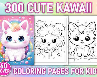 Más de 300 adorables páginas para colorear kawaii para niños / Interiores KDP y descarga digital imprimible / Libro para colorear A4 de 8,5 x 11 pulgadas / 60 portadas gratis