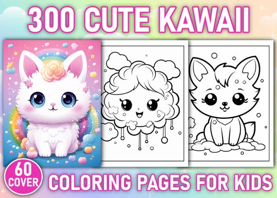 300+ Cute Kawaii Coloring Pages for Kids | KDP Interior & Printable Digital Download | A4 8.5x11” Coloring Book | 60 Free Book Covers
