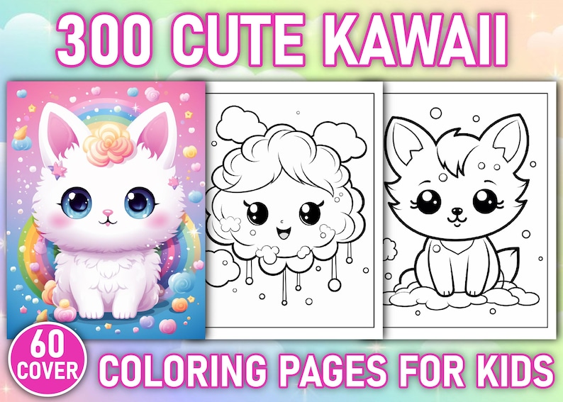 Op de afbeelding: Een set van 300 kleurplaten voor kinderen met schattige kawaii-figuren. De omslag afbeelding toont een witte, pluche kat met een regenboog en een eenhoornhoorn. De tekst op de omslag zegt "300 Cute Kawaii Coloring Pages for Kids" en "60 Cover".