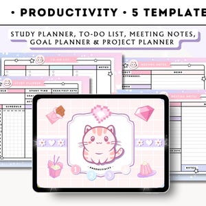 Puede incluir: Cinco plantillas de planificador de productividad imprimibles con un lindo gato de dibujos animados y colores pastel. Las plantillas incluyen un planificador de estudios, una lista de tareas, notas de reuni&oacute;n, un planificador de objetivos y un planificador de proyectos.