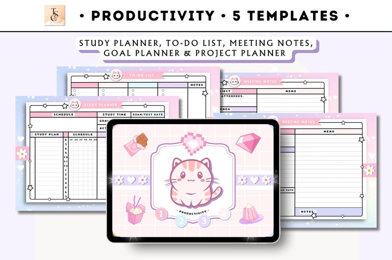 Puede incluir: Cinco plantillas de planificador de productividad imprimibles con un lindo gato de dibujos animados y colores pastel. Las plantillas incluyen un planificador de estudios, una lista de tareas, notas de reuni&oacute;n, un planificador de objetivos y un planificador de proyectos.
