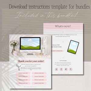 Puede incluir: Plantilla de instrucciones de descarga digital para paquetes. La imagen muestra una computadora de escritorio con una imagen de paisaje en la pantalla y dos plantillas rosas y blancas con texto. El texto incluye "&iexcl;Gracias por tu pedido!" y "&iquest;Qu&eacute; sigue?"