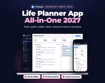 All-in-One-Lebensplaner 2027, digitale Planer-App, die offline funktioniert, kein Abo erforderlich, kompatibel mit Google Tabellen & Excel, Ziel-, Gewohnheits-, Aufgaben- und Budget-Tracker
